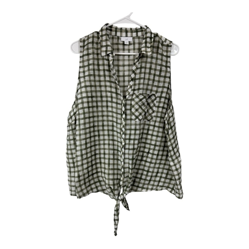 J. Jill Size XL Sleeveless Top Green Gingham Cotton Silk Tie Front Button